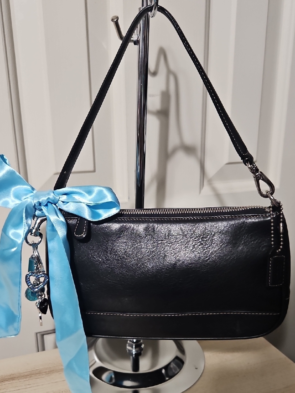 Coach EUC Y2K Demi Mini Black Leather Shoulder Bag with Scarf And Charm